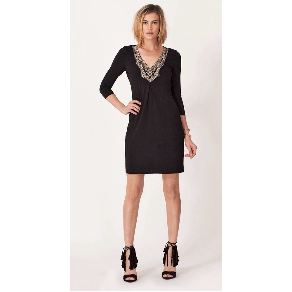Hale Bob Women's Black Beaded V-Neck Shift Dress Jersey Knit Size S